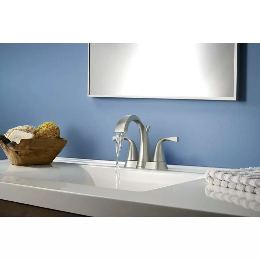 Moen Oxby Spot Resist Brushed Nickel 2-handle 4-in Centerset WaterSense Bathroom Sink Faucet With Drain 5 Moen Oxby Spot Resist Brushed Nickel 2-handle 4-in Centerset WaterSense Bathroom Sink Faucet With Drain - Image 3