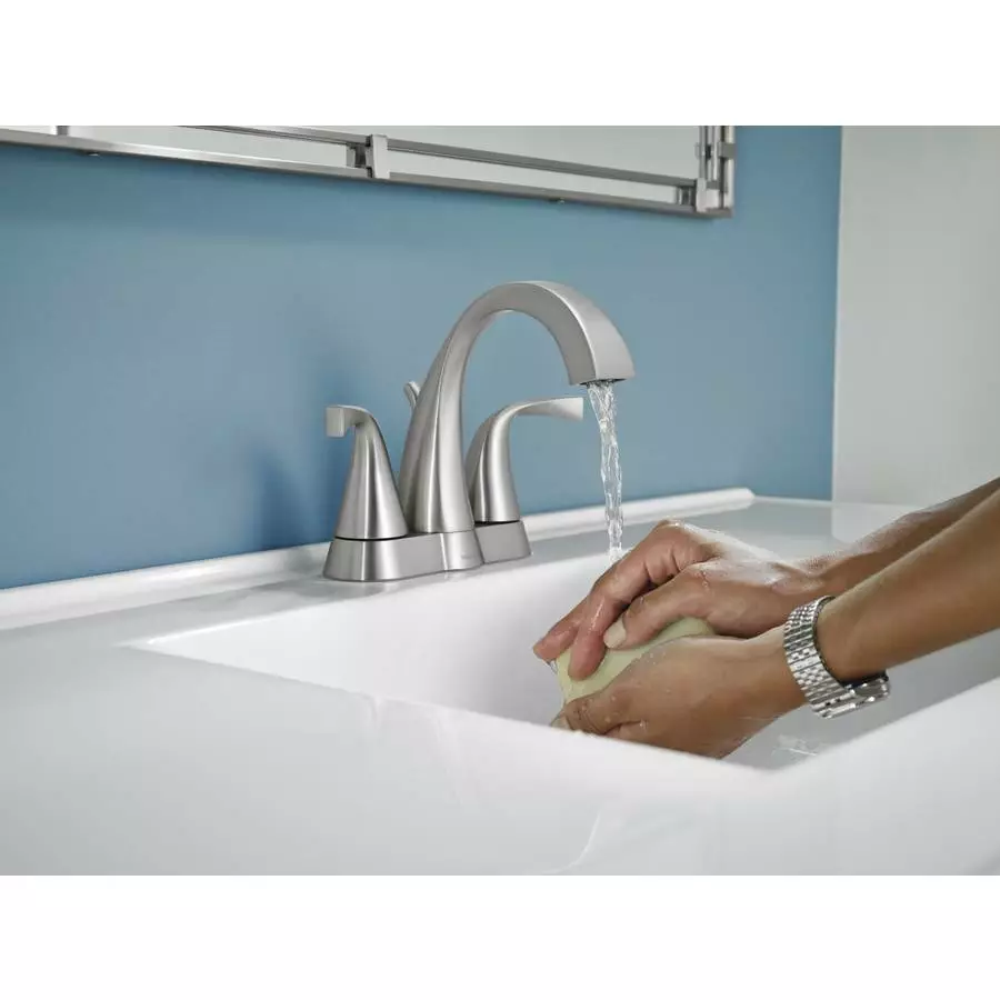 Moen Oxby Spot Resist Brushed Nickel 2-handle 4-in Centerset WaterSense Bathroom Sink Faucet With Drain 6 Moen Oxby Spot Resist Brushed Nickel 2-handle 4-in Centerset WaterSense Bathroom Sink Faucet With Drain - Image 4