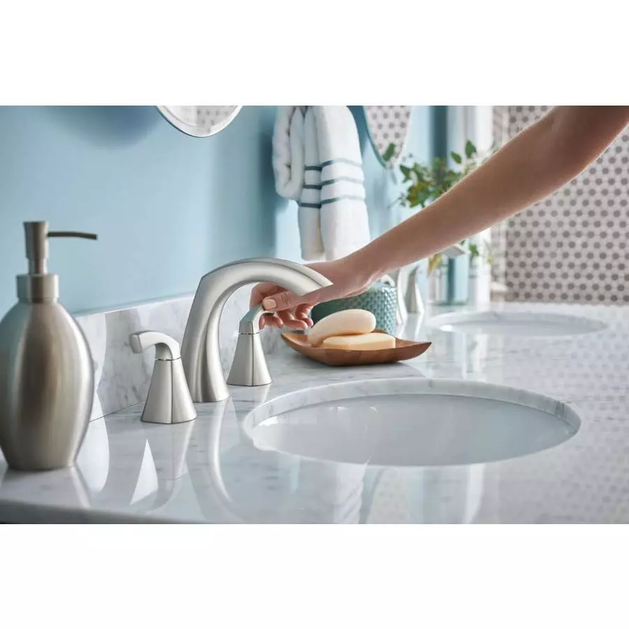 Moen Lindor Spot Resist Brushed Nickel 2-handle Widespread WaterSense Bathroom Sink Faucet With Drain 6 Moen Lindor Spot Resist Brushed Nickel 2-handle Widespread WaterSense Bathroom Sink Faucet With Drain - Image 4