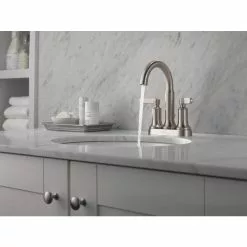 Delta Alux Spotshield Brushed Nickel 2-handle 4-in Centerset WaterSense Bathroom Sink Faucet With Drain