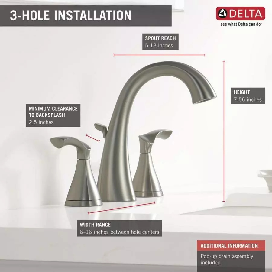 Delta Sandover Spotshield Brushed Nickel 2-handle Widespread WaterSense Bathroom Sink Faucet With Drain 4 Delta Sandover Spotshield Brushed Nickel 2-handle Widespread WaterSense Bathroom Sink Faucet With Drain - Image 2