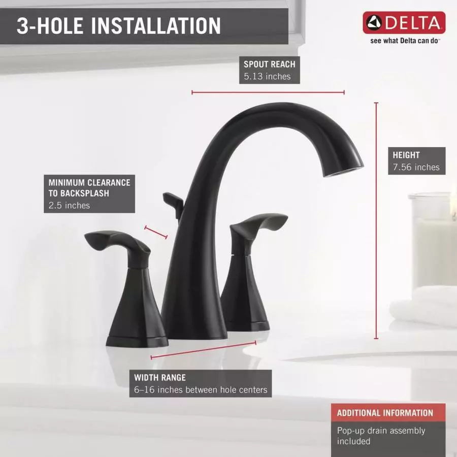 Delta Sandover Matte Black 2-handle Widespread WaterSense Bathroom Sink Faucet With Drain 4 Delta Sandover Matte Black 2-handle Widespread WaterSense Bathroom Sink Faucet With Drain - Image 2