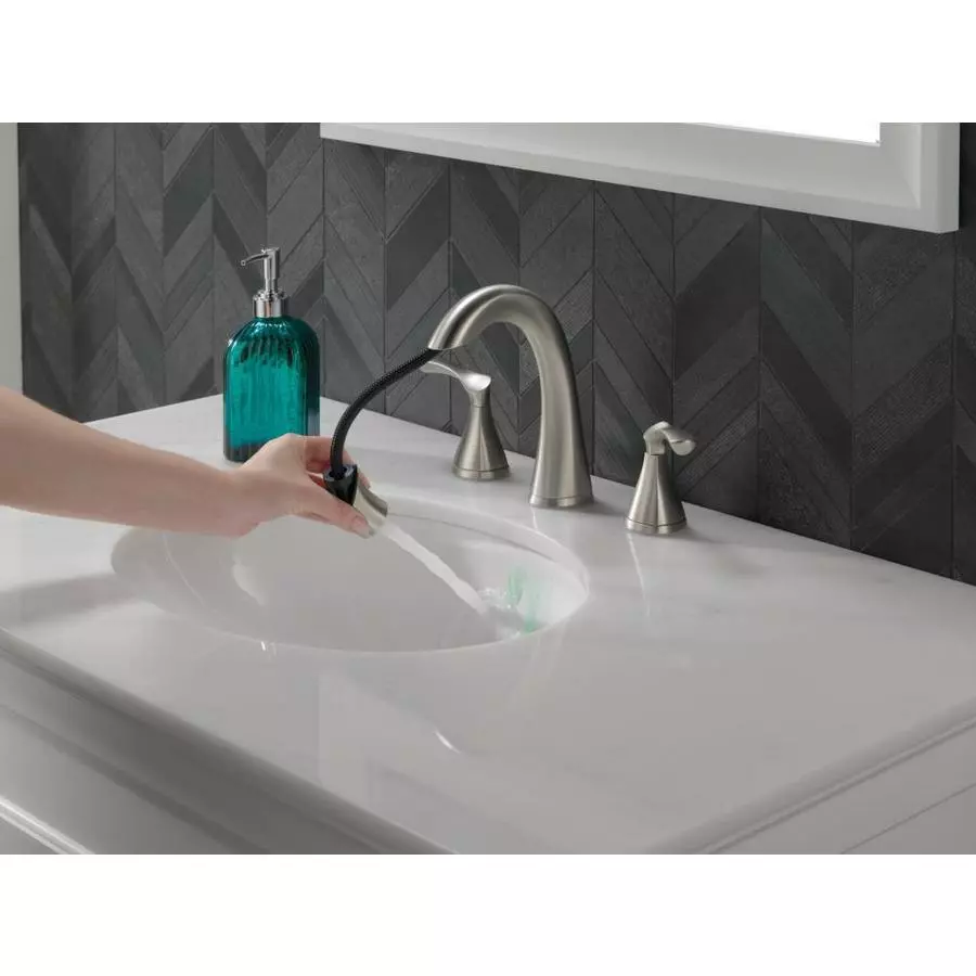 Delta Sandover Spotshield Brushed Nickel 2-handle Widespread WaterSense Bathroom Sink Faucet With Drain 3 Delta Sandover Spotshield Brushed Nickel 2-handle Widespread WaterSense Bathroom Sink Faucet With Drain