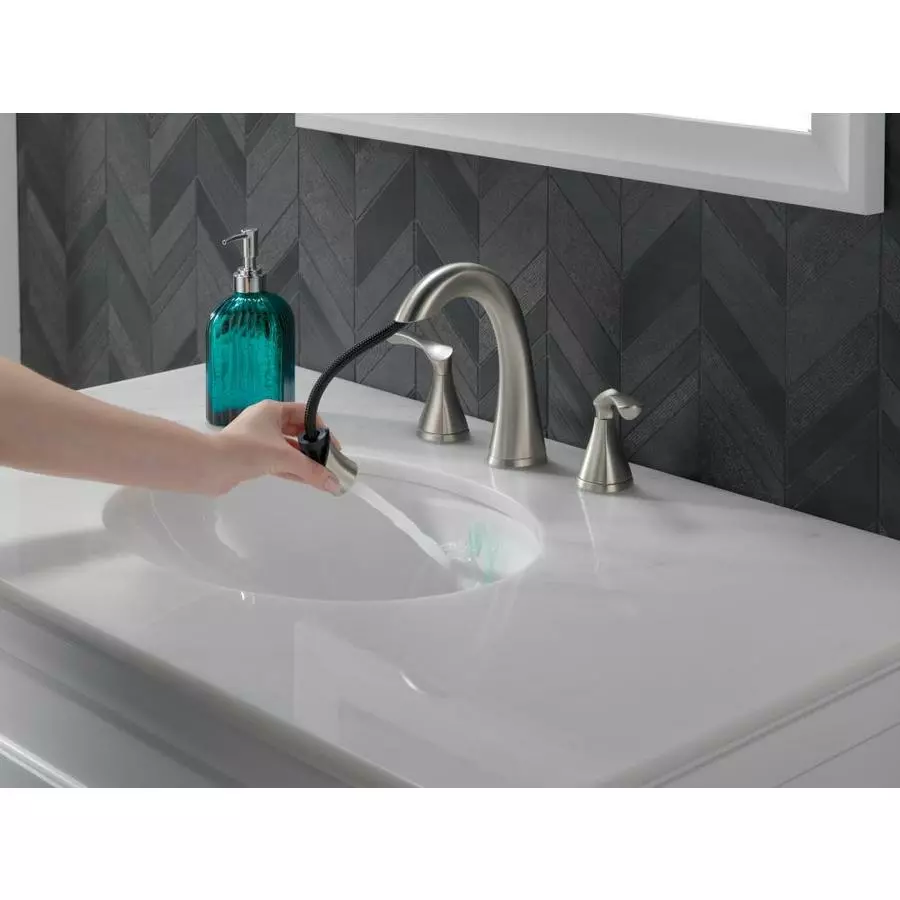 Delta Sandover Spotshield Brushed Nickel 2-handle Widespread WaterSense Bathroom Sink Faucet With Drain 8 Delta Sandover Spotshield Brushed Nickel 2-handle Widespread WaterSense Bathroom Sink Faucet With Drain - Image 6