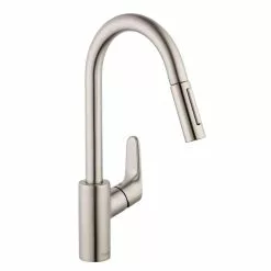 In Stock Hardwarestore Delivery Focus Single-Handle Pull-Down Sprayer Kitchen Faucet In Steel Optik