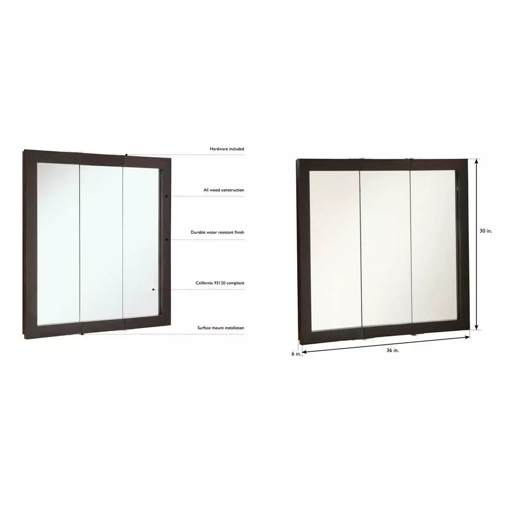 In Stock Hardwarestore Delivery Ventura 36 In. W X 30 In. H X 6 In. D Framed Tri-View Surface-Mount Bathroom Medicine Cabinet In Espresso 9 In Stock Hardwarestore Delivery Ventura 36 In. W X 30 In. H X 6 In. D Framed Tri-View Surface-Mount Bathroom Medicine Cabinet In Espresso - Image 7
