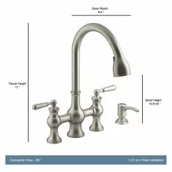 In Stock Hardwarestore Delivery Capilano 2-Handle Bridge Farmhouse Pull-Down Kitchen Faucet With Soap Dispenser And Sweep Spray In Vibrant Stainless -Bath and Faucet shop 19cdd46dcf0afada7bdfa2b9a4ab706e 1800x1800