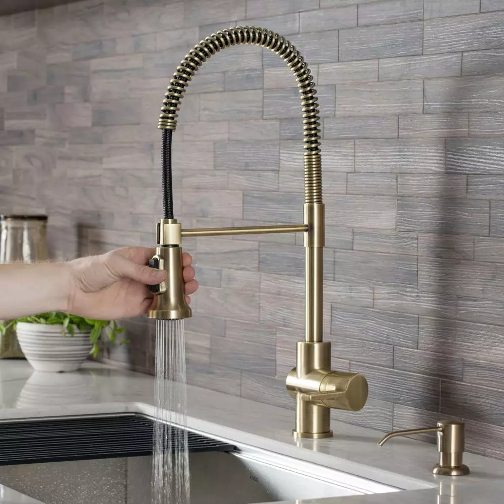 In Stock Hardwarestore Delivery Britt Single-Handle Pull Down Sprayer Kitchen Faucet In Brushed Gold 5 In Stock Hardwarestore Delivery Britt Single-Handle Pull Down Sprayer Kitchen Faucet In Brushed Gold - Image 3
