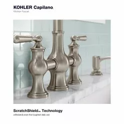 In Stock Hardwarestore Delivery Capilano 2-Handle Bridge Farmhouse Pull-Down Kitchen Faucet With Soap Dispenser And Sweep Spray In Vibrant Stainless -Bath and Faucet shop 2e0249644d0d2d4393d2589fbb42c944 1800x1800