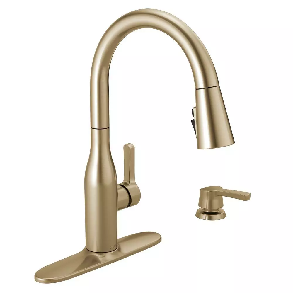 In Stock Hardwarestore Delivery Marca Single-Handle Pull-Down Sprayer Kitchen Faucet With ShieldSpray Technology In Champagne Bronze 3 In Stock Hardwarestore Delivery Marca Single-Handle Pull-Down Sprayer Kitchen Faucet With ShieldSpray Technology In Champagne Bronze