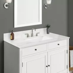 In Stock Hardwarestore Delivery 43 In. W X 22 In. D X 0.75 In. H Engineered Marble Vanity Top In Calacatta White With White Basin -Bath and Faucet shop 2e6ea4dfc3e7b329aae8bbcafa502b5e 1800x1800