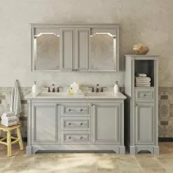 MagickWoods Libertyville 18"W X 18"D X 60"H Cloud Gray Linen Cabinet -Bath and Faucet shop 30277 scene1rev mw 1800x1800
