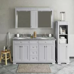 MagickWoods Windermere 17"W X 18"D X 60"H Cloud Gray Linen Cabinet -Bath and Faucet shop 30343 scene1rev1 mw 1800x1800