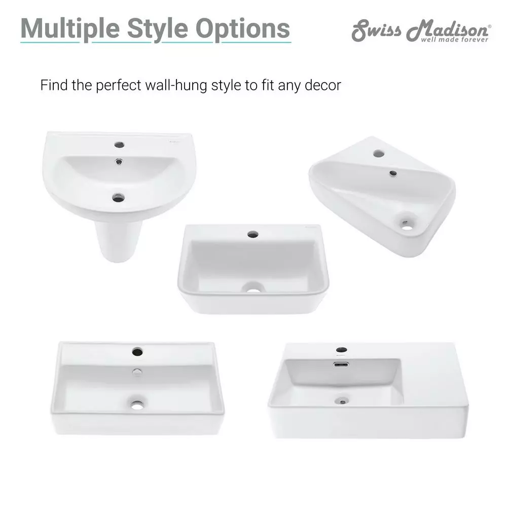 Swiss Madison Plaisir 18 In. X 11 In. Ceramic Wall Hung Vessel Sink With Right Side Faucet Mount In White 7 Swiss Madison Plaisir 18 In. X 11 In. Ceramic Wall Hung Vessel Sink With Right Side Faucet Mount In White - Image 5