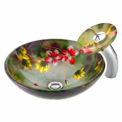 ANZZI Impasto Series Vessel Sink In Hand Painted Mural With Matching Chrome Waterfall Faucet