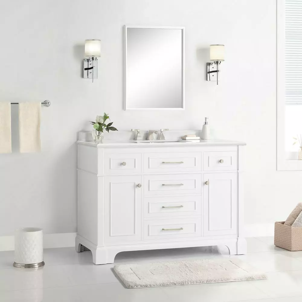 In Stock Hardwarestore Delivery Melpark 48 In. W X 22 In. D Bath Vanity In White With Cultured Marble Vanity Top In White With White Sink 4 In Stock Hardwarestore Delivery Melpark 48 In. W X 22 In. D Bath Vanity In White With Cultured Marble Vanity Top In White With White Sink - Image 2