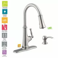 In Stock Hardwarestore Delivery Touchless LED Single-Handle Pull-Down Sprayer Kitchen Faucet With Soap Dispenser In Stainless Steel -Bath and Faucet shop 458dc750294e44c4412daff692c0b20a 1800x1800