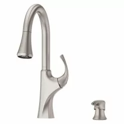 In Stock Hardwarestore Delivery Miri Single-Handle Pull-Down Sprayer Kitchen Faucet With Soap Dispenser In Spot Defense Stainless Steel