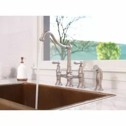 In Stock Hardwarestore Delivery Courant Two Handle Bridge Kitchen Faucet With Side Spray In Stainless Steel -Bath and Faucet shop 52bc5f7b81e381246de5c92b9e39d6f9 1800x1800
