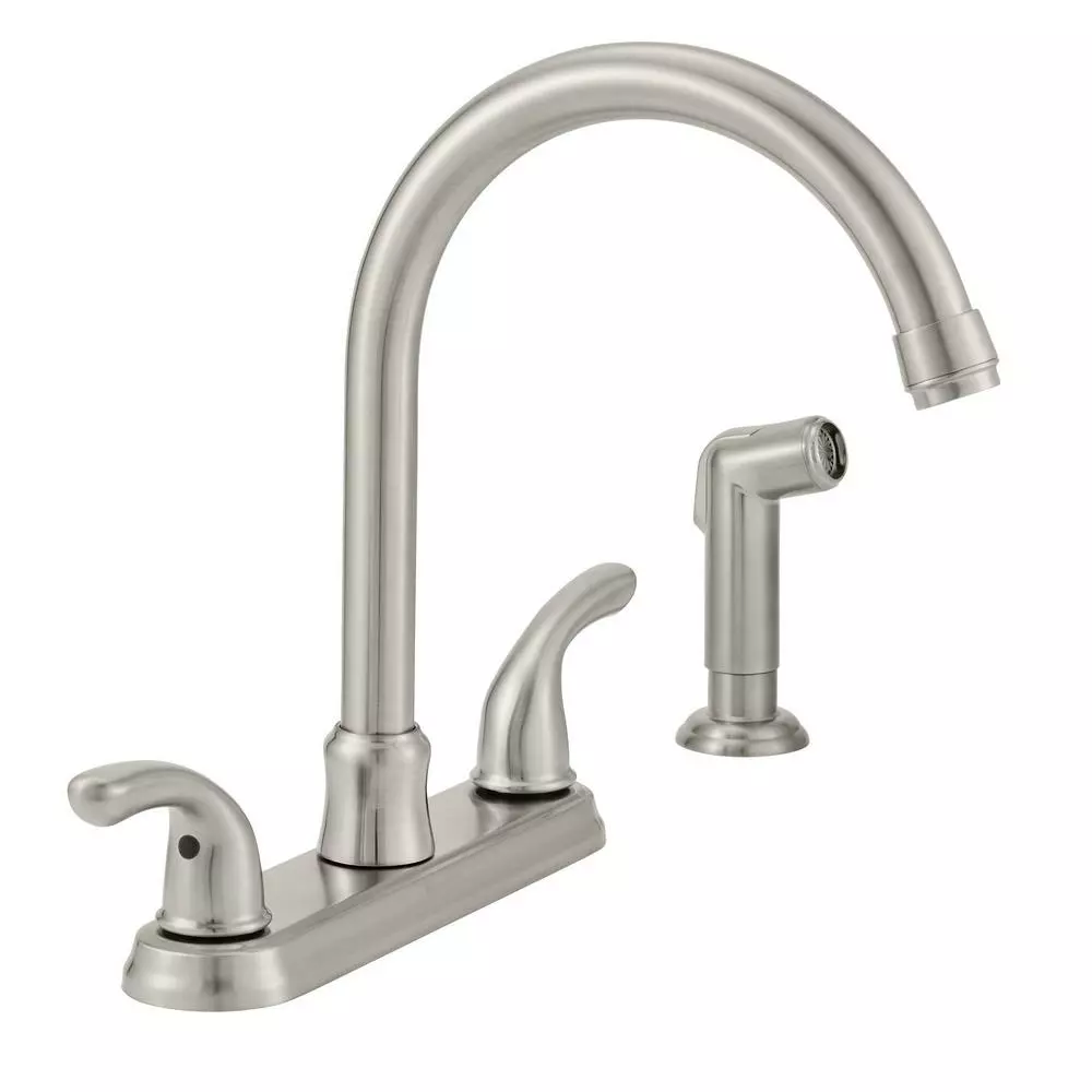In Stock Hardwarestore Delivery Builders 2-Handle Standard Kitchen Faucet With Sprayer In Stainless Steel 3 In Stock Hardwarestore Delivery Builders 2-Handle Standard Kitchen Faucet With Sprayer In Stainless Steel