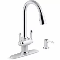 In Stock Hardwarestore Delivery Thierry Two Handle Pull-Down Sprayer Kitchen Faucet With Soap Dispenser In Polished Chrome