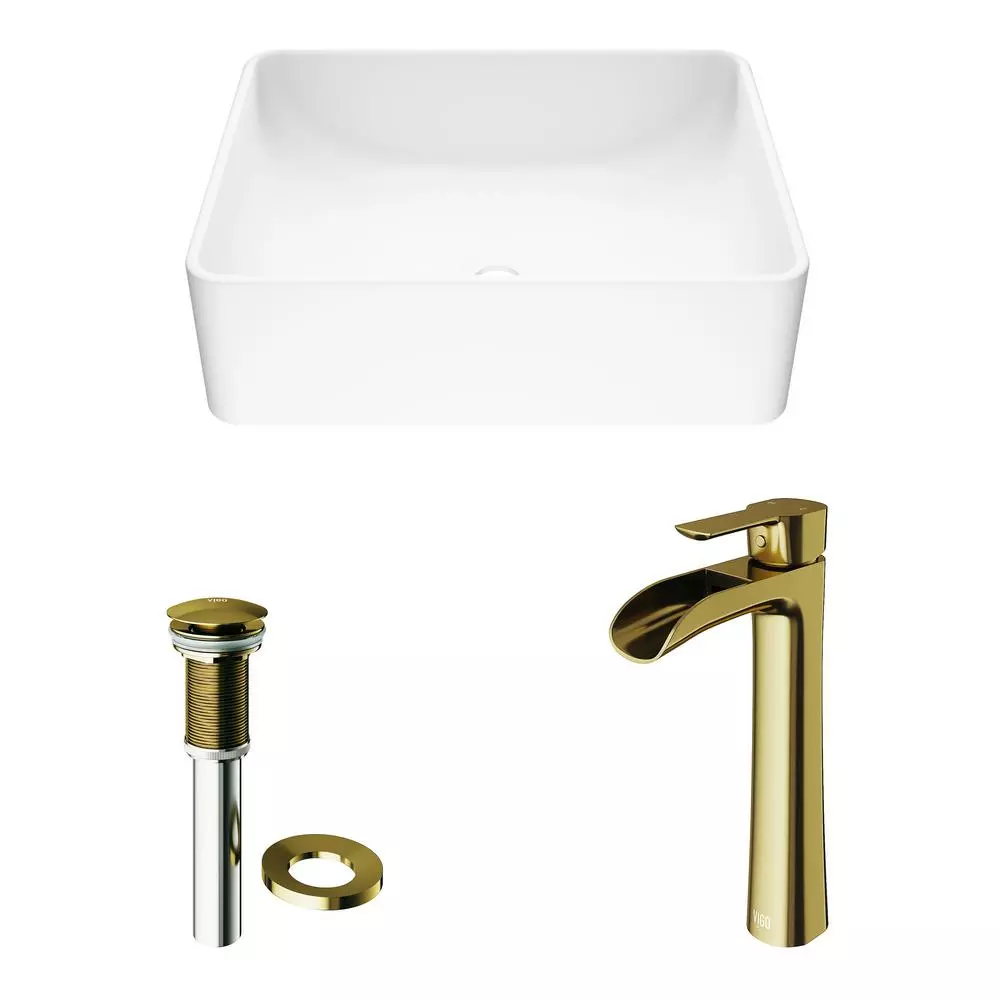 VIGO Amaryllis Matte Stone Vessel Bathroom Sink In White With Niko Faucet In Matte Gold 9 VIGO Amaryllis Matte Stone Vessel Bathroom Sink In White With Niko Faucet In Matte Gold - Image 7