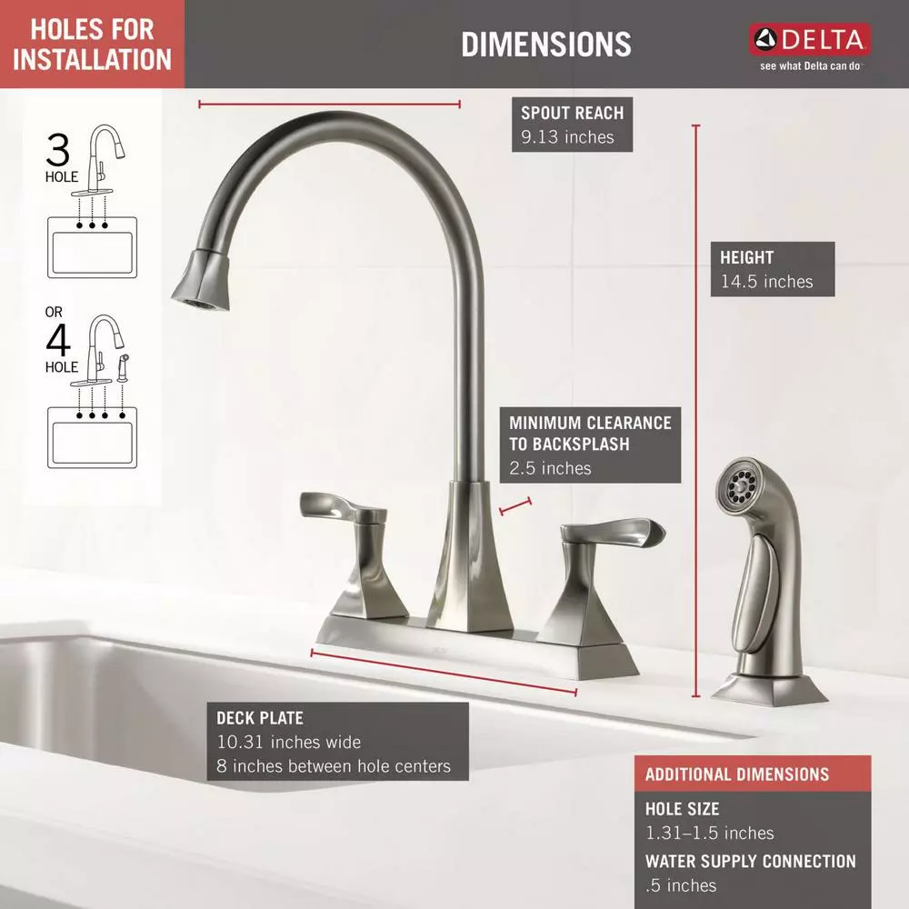 In Stock Hardwarestore Delivery Everly 2-Handle Standard Kitchen Faucet With Spray In Stainless 5 In Stock Hardwarestore Delivery Everly 2-Handle Standard Kitchen Faucet With Spray In Stainless - Image 3