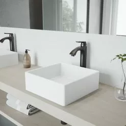 VIGO Dianthus White Matte Stone Vessel Bathroom Sink And Linus Bathroom Vessel Faucet In Antique Rubbed Bronze W/ Pop Up