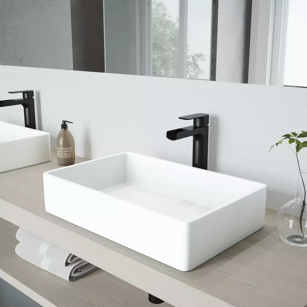 VIGO Magnolia White Matte Stone Vessel Bathroom Sink Set With Amada Faucet In Matte Black 5 VIGO Magnolia White Matte Stone Vessel Bathroom Sink Set With Amada Faucet In Matte Black - Image 3
