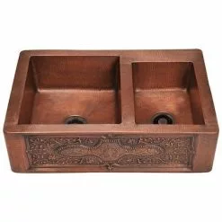 Square D MR Direct 33.25-in X 22.25-in Copper Double Offset Bowl Tall (8-in Or Larger) Drop-In Apron Front/Farmhouse Commercial/Residential Kitchen Sink