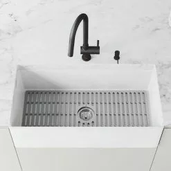 Square D VIGO Matte Stone 36-in X 18-in Matte White Single Bowl Tall (8-in Or Larger) Undermount Apron Front/Farmhouse Commercial/Residential Workstation Kitchen Sink