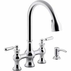 In Stock Hardwarestore Delivery Capilano 2-Handle Bridge Farmhouse Pull-Down Kitchen Faucet With Soap Dispenser And Sweep Spray In Vibrant Stainless -Bath and Faucet shop 866fcdabb1a499d30ca1784af4070bc9 1800x1800