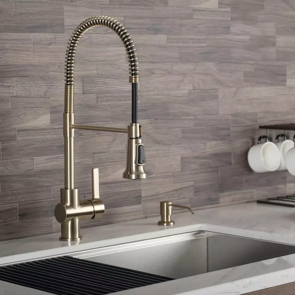 In Stock Hardwarestore Delivery Britt Single-Handle Pull Down Sprayer Kitchen Faucet In Brushed Gold 4 In Stock Hardwarestore Delivery Britt Single-Handle Pull Down Sprayer Kitchen Faucet In Brushed Gold - Image 2