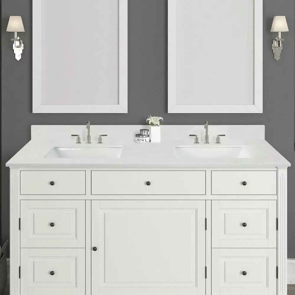 In Stock Hardwarestore Delivery 61 In. W X 22 In. D X 0.75 In. H Quartz Vanity Top In Carrara White With White Basin 6 In Stock Hardwarestore Delivery 61 In. W X 22 In. D X 0.75 In. H Quartz Vanity Top In Carrara White With White Basin - Image 4