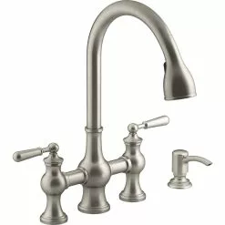 In Stock Hardwarestore Delivery Capilano 2-Handle Bridge Farmhouse Pull-Down Kitchen Faucet With Soap Dispenser And Sweep Spray In Vibrant Stainless