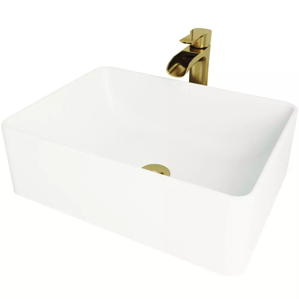 VIGO Amaryllis Matte Stone Vessel Bathroom Sink In White With Niko Faucet In Matte Gold 4 VIGO Amaryllis Matte Stone Vessel Bathroom Sink In White With Niko Faucet In Matte Gold - Image 2