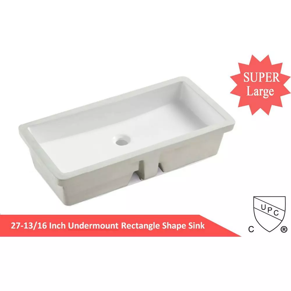 Kingsman Hardware 27-13/16 In. Rectangle Undermount Vitreous Glazed Ceramic Lavatory Vanity Bathroom Sink In Pure White 4 Kingsman Hardware 27-13/16 In. Rectangle Undermount Vitreous Glazed Ceramic Lavatory Vanity Bathroom Sink In Pure White - Image 2