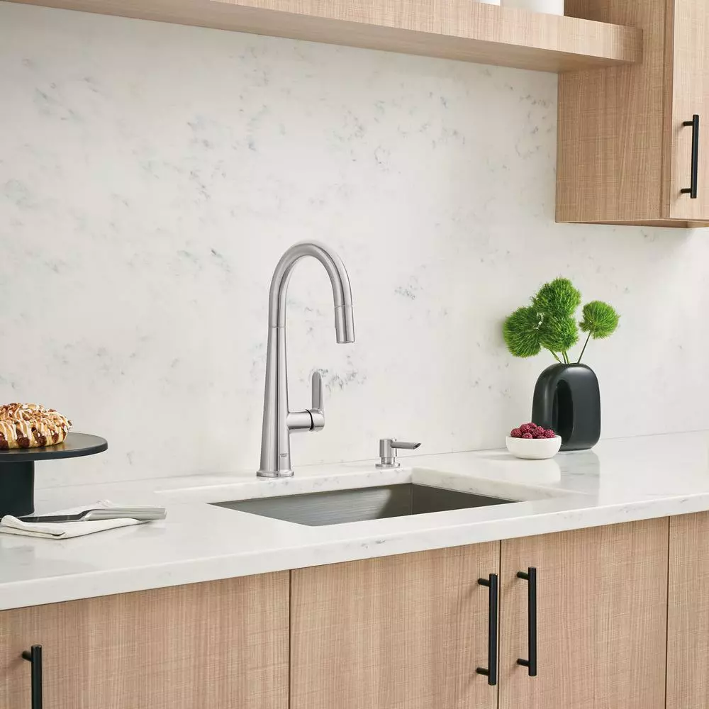 In Stock Hardwarestore Delivery Veletto Single-Handle Pull-Down Dual Sprayer Kitchen Faucet With Soap Dispenser In SuperSteel InfinityFinish 8 In Stock Hardwarestore Delivery Veletto Single-Handle Pull-Down Dual Sprayer Kitchen Faucet With Soap Dispenser In SuperSteel InfinityFinish - Image 6