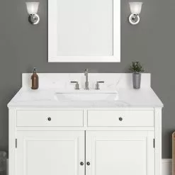 In Stock Hardwarestore Delivery 43 In. W X 22 In. D X 0.75 In. H Engineered Marble Vanity Top In Calacatta White With White Basin -Bath and Faucet shop baa82cc1347623b6679b947a07206f5c 1800x1800
