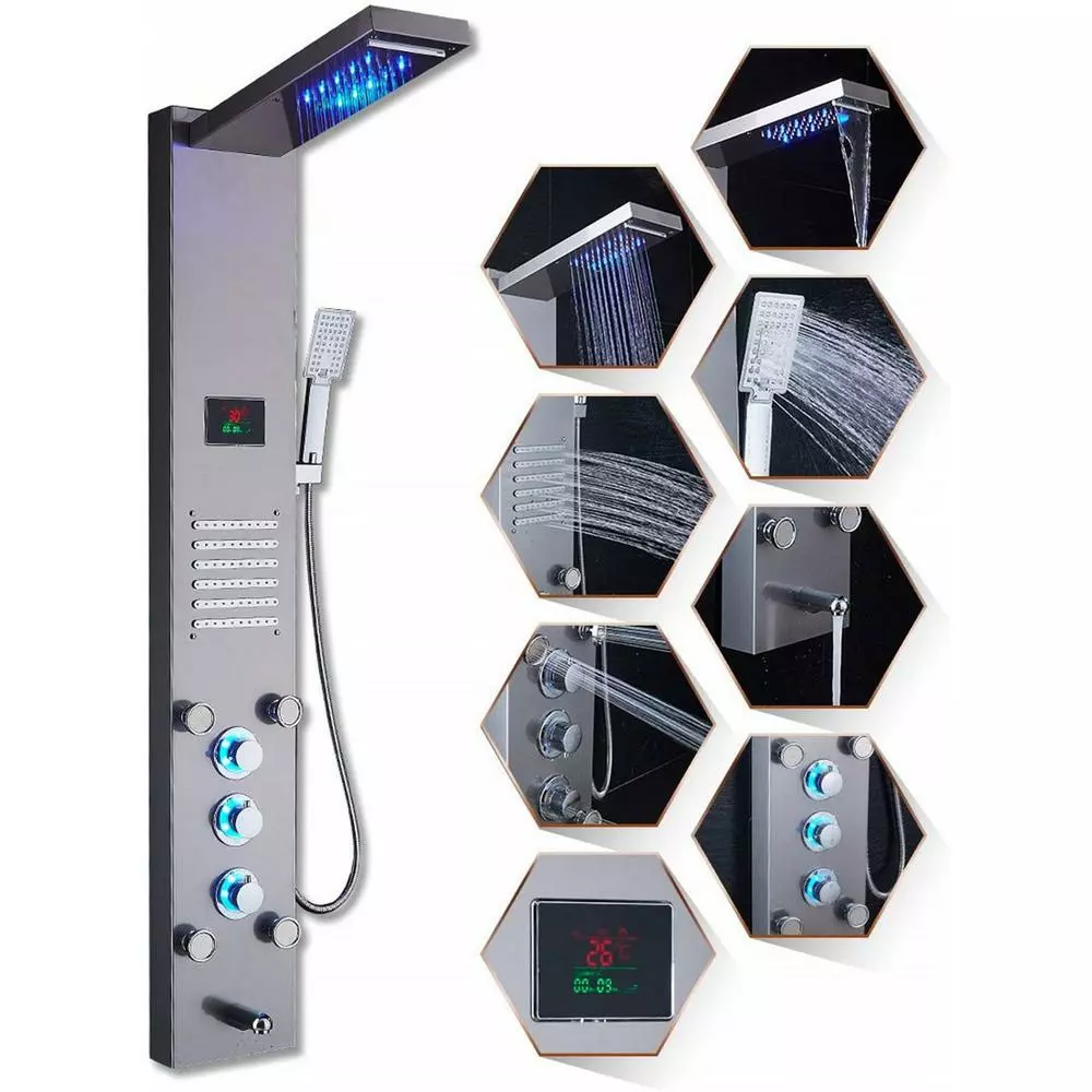 In Stock Hardwarestore Delivery 53 In. 10-Jet Shower Panel System In Brushed Nickel With LED Rainfall Waterfall Shower Head Handshower And Tub Spout 4 In Stock Hardwarestore Delivery 53 In. 10-Jet Shower Panel System In Brushed Nickel With LED Rainfall Waterfall Shower Head Handshower And Tub Spout - Image 2