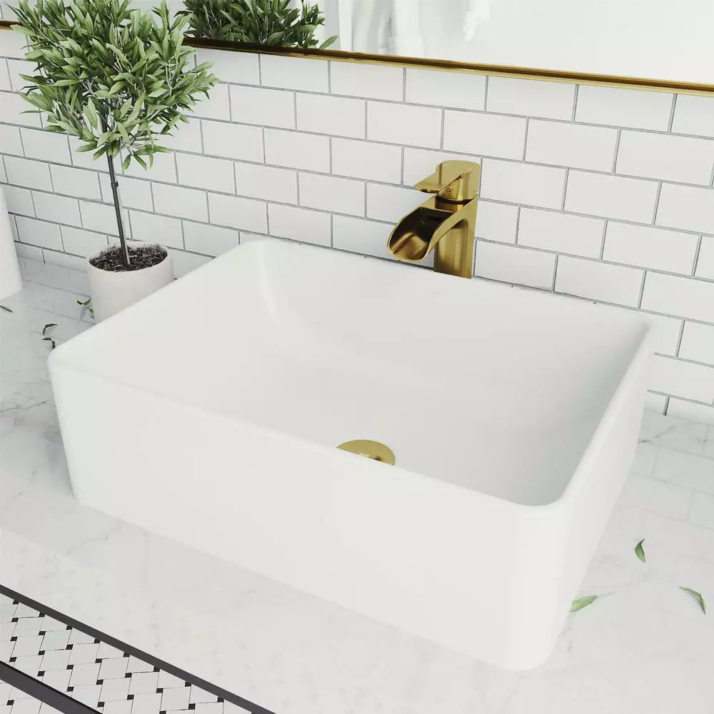 VIGO Amaryllis Matte Stone Vessel Bathroom Sink In White With Niko Faucet In Matte Gold 3 VIGO Amaryllis Matte Stone Vessel Bathroom Sink In White With Niko Faucet In Matte Gold
