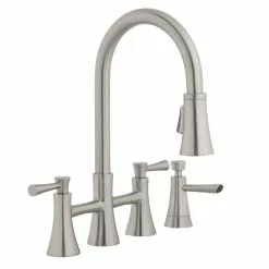 In Stock Hardwarestore Delivery Selma 2-Handle Pull-Down Sprayer Bridge Kitchen Faucet With Soap Dispenser In Stainless Steel