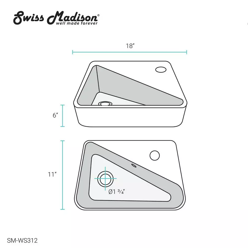 Swiss Madison Plaisir 18 In. X 11 In. Ceramic Wall Hung Vessel Sink With Right Side Faucet Mount In White 8 Swiss Madison Plaisir 18 In. X 11 In. Ceramic Wall Hung Vessel Sink With Right Side Faucet Mount In White - Image 6