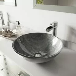 VIGO Glass Vessel Bathroom Sink In Simply Silver And Niko Faucet Set In Brushed Nickel