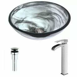 ANZZI Mezzo Series Deco-Glass Vessel Sink In Slumber Wisp With Key Faucet In Brushed Nickel