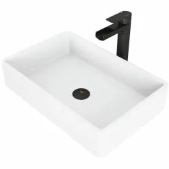VIGO Magnolia White Matte Stone Vessel Bathroom Sink Set With Amada Faucet In Matte Black