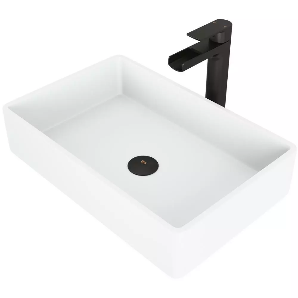 VIGO Magnolia White Matte Stone Vessel Bathroom Sink Set With Amada Faucet In Matte Black 3 VIGO Magnolia White Matte Stone Vessel Bathroom Sink Set With Amada Faucet In Matte Black