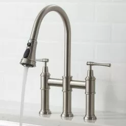 In Stock Hardwarestore Delivery Allyn Transitional 2-Handle Bridge Kitchen Faucet With Pull-Down Sprayhead In Spot Free Stainless Steel -Bath and Faucet shop ed5d2fc28d60377f8f344249f3512300 1800x1800