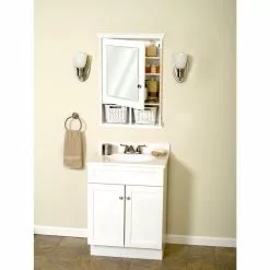 In Stock Hardwarestore Delivery 21 In. X 29 In. Wood Surface Mount Medicine Cabinet With Baskets In White With Beveled Mirror -Bath and Faucet shop f3bac68e2ddbaaa0d97d2fed61d5ac54 1800x1800